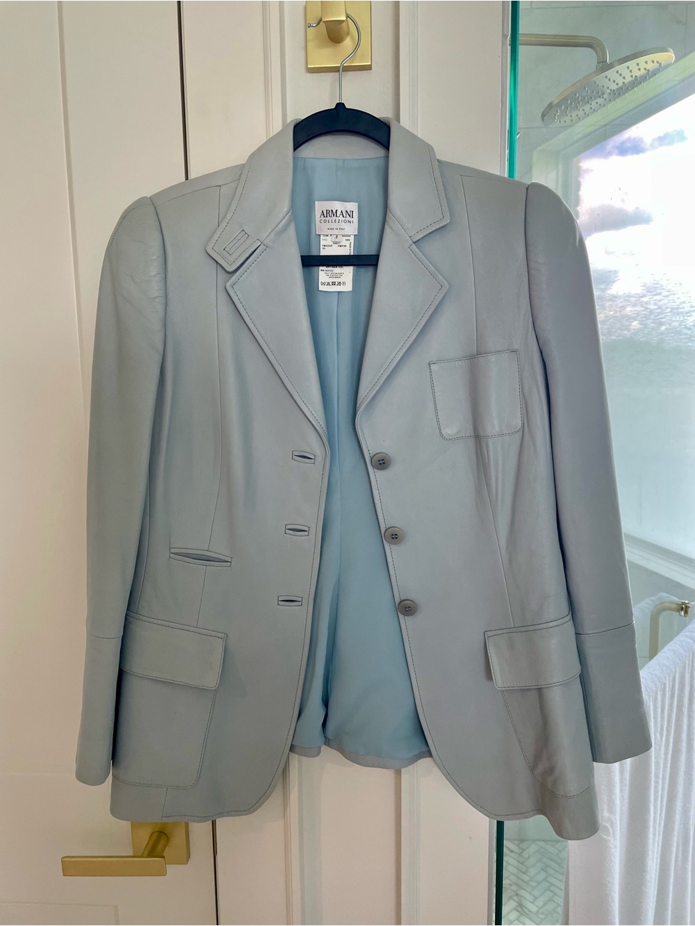 Vintage Armani Collezioni Pale Blue Leather Blazer Jacket Sz 8